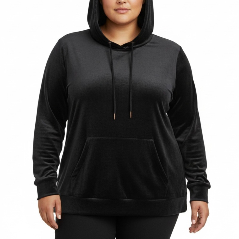 GREEN TEA Black Velvet Velour Pullover Hoodie Hooded Sweater Top XXL 2X